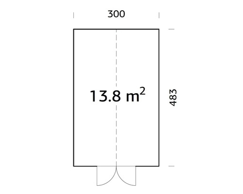 Plan avec une superficie de 13,8 mètres carrés, largeur 300 et longueur 483.