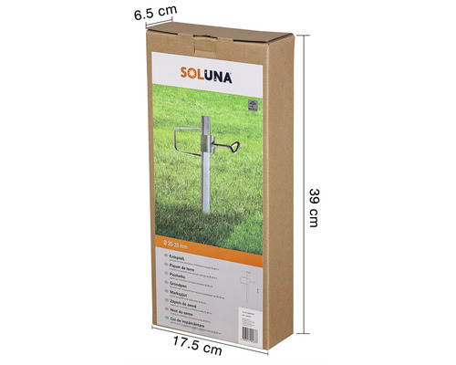 Verpackung eines Soluna Erdspießes mit einem Durchmesser von 20 bis 28 Millimetern