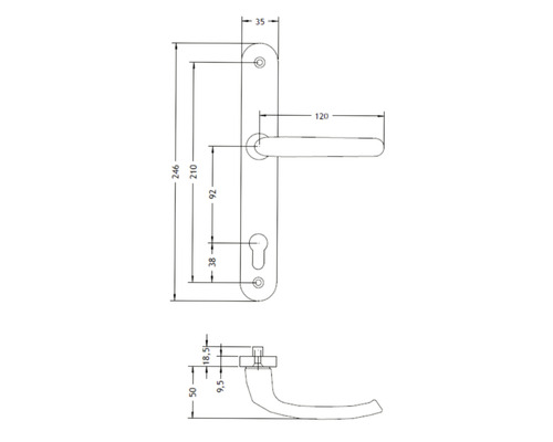 Technische Zeichnung eines Türdrückers mit Langschild und Maßangaben