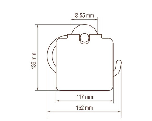 Technische Zeichnung eines Toilettenpapierhalters mit den Massen 136 mm Höhe, 152 mm Breite und 55 mm Durchmesser