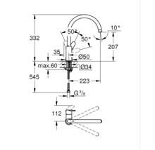 Masszeichnung einer Armatur mit Höhen-, Breiten- und Winkelangaben.