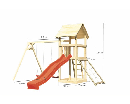 Spielturm mit Schaukel und Rutsche aus Holz mit Maßangaben