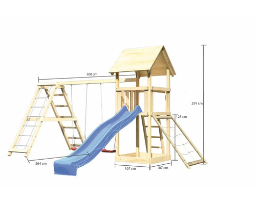 Spielturm mit Schaukel, Rutsche und Kletterwand mit Abmessungen