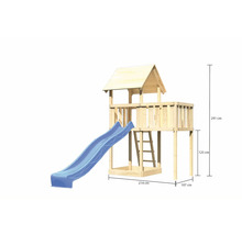 Tour de jeu en bois avec toboggan et dimensions de 291 cm de hauteur, 214 cm de largeur et 107 cm de profondeur