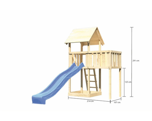 Holz Spielturm mit Rutsche und den Maßen 291 cm Höhe, 214 cm Breite und 107 cm Tiefe