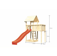 Tour de jeu en bois avec toboggan et échelle avec indications de hauteur