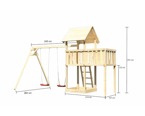 Tour de jeu en bois avec balançoire et dimensions 240 cm par 264 cm par 291 cm