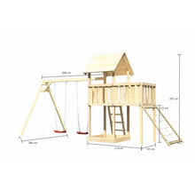 Tour de jeu en bois avec balançoire et mur d''escalade avec dimensions