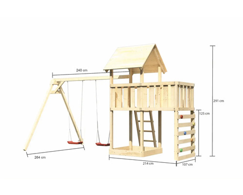 Tour de jeux avec balançoire, mur d''escalade et échelle avec des dimensions de 291 cm de hauteur, 264 cm de largeur et 214 cm de profondeur