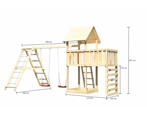 Holzspielturm mit Schaukel, Strickleiter und Kletterwand mit den Maßen 308 cm Länge, 291 cm Höhe, 264 cm Breite, 214 cm Tiefe und 107 cm Sockelbreite