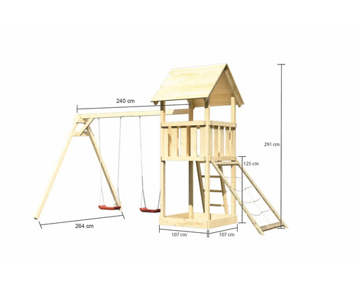 Tour de jeu avec balançoire et échelle avec dimensions