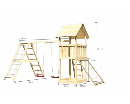 Spielturm aus Holz mit Schaukel und Leiter, Maße 308 x 264 x 291 cm