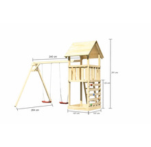 Tour de jeu en bois avec balançoire et mur d''escalade avec dimensions