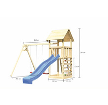 Tour de jeu en bois avec balançoire et toboggan, dimensions incluses