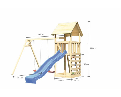 Tour de jeu en bois avec balançoire et toboggan, dimensions incluses