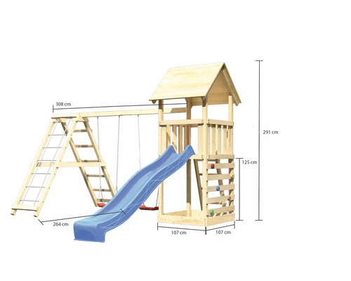 Holzspielturm mit Schaukel, Rutsche und Kletterwand mit Maßangaben