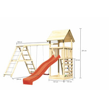 Tour de jeu en bois avec balançoire, toboggan et mur d''escalade avec dimensions