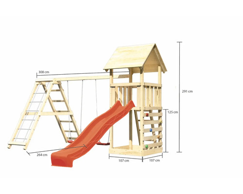 Spielturm aus Holz mit Schaukel, Rutsche und Kletterwand mit Maßangaben