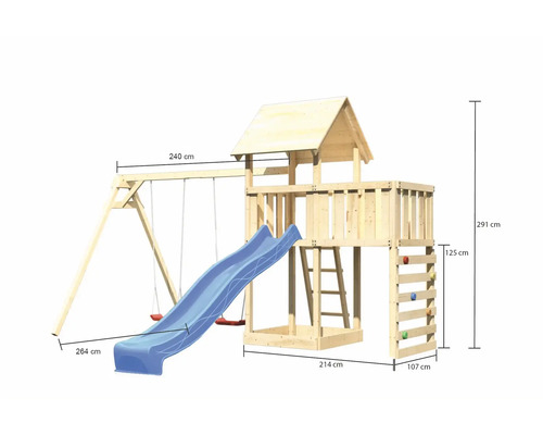Tour de jeu en bois avec balançoire, toboggan et mur d''escalade avec dimensions