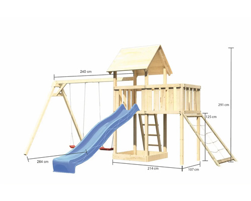 Spielturm aus Holz mit Schaukel, Rutsche und Kletterwand mit Größenangaben