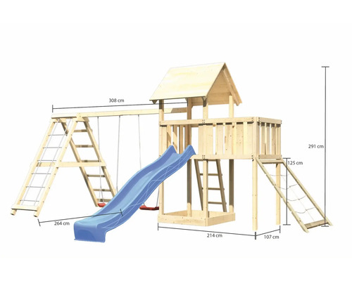 Spielturm mit Rutsche, Schaukel und Kletterleiter mit Abmessungen