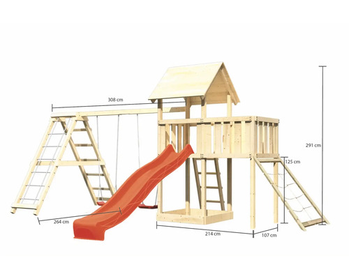 Spielturm aus Holz mit Schaukel, Rutsche und Kletterwand mit Maßangaben