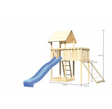 Tour de jeu en bois avec toboggan, échelle et filet d''escalade ainsi que les dimensions