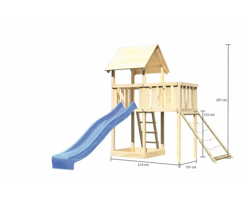 Spielturm aus Holz mit Rutsche, Leiter und Kletternetz sowie Massangaben