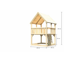 Tour de jeux en bois avec mur d''escalade et dimensions de 345 cm de hauteur, 200 cm de largeur et 200 cm de profondeur