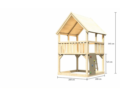 Spielturm aus Holz mit Kletterwand und den Maßen 345 cm Höhe, 200 cm Breite und 200 cm Tiefe