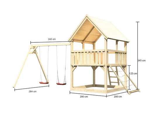 Spielturm mit Schaukel aus Holz mit den Maßen 200 x 200 x 345 Zentimeter