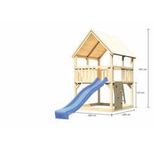 Tour de jeux en bois avec toboggan, mur d''escalade et indications de dimensions