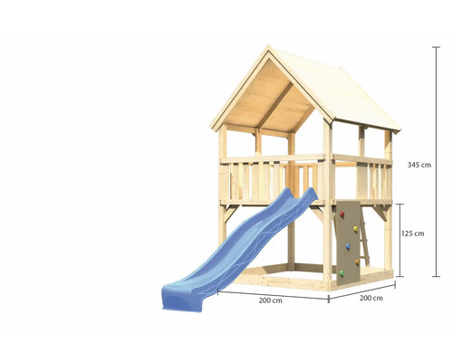 Spielturm aus Holz mit Rutsche und Kletterwand sowie Massangaben