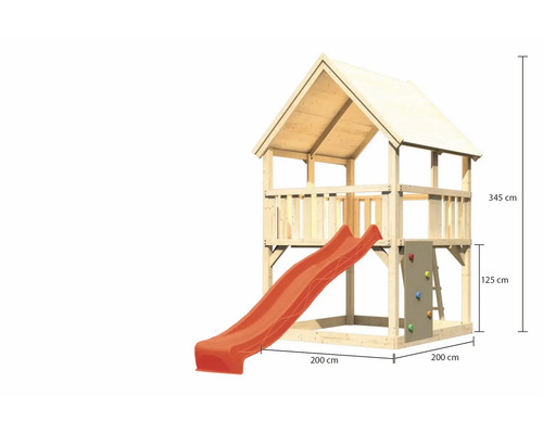 Spielturm aus Holz mit Rutsche und Kletterwand, Maße 345 x 200 x 200 cm