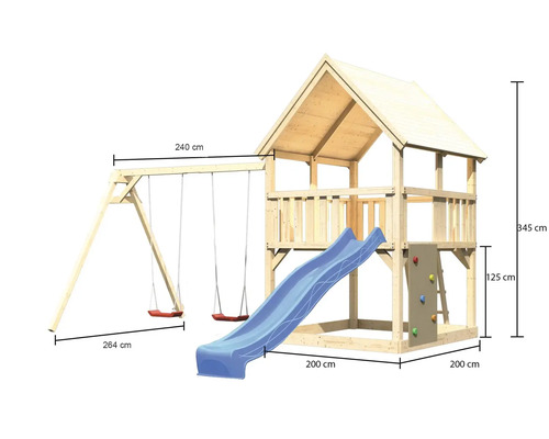 Holzspielturm mit Schaukel, Rutsche und Kletterwand mit den Maßen 345 cm Höhe, 264 cm Länge und 240 cm Breite