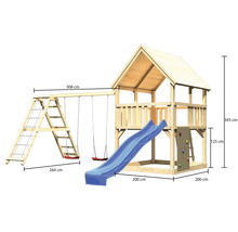 Tour de jeux en bois avec balançoire, toboggan, mur d''escalade et échelle