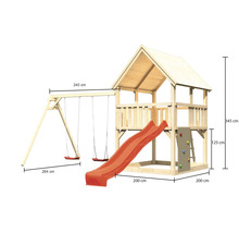 Aire de jeux en bois avec balançoire, toboggan et mur d''escalade avec indications de taille