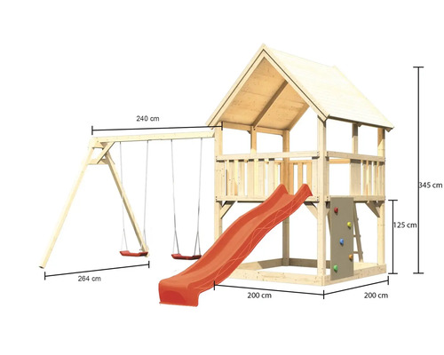 Holzspielplatz mit Schaukel, Rutsche und Kletterwand mit Größenangaben