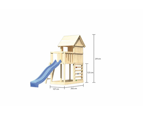 Spielturm mit Rutsche aus Holz und Kletterwand mit Maßangaben