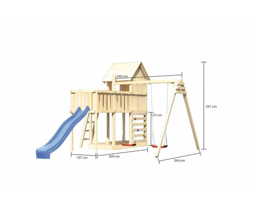 Spielturm mit Rutsche und Schaukel mit Maßangaben