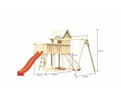 Holzspielturm mit Rutsche und Schaukel inklusive Maßangaben