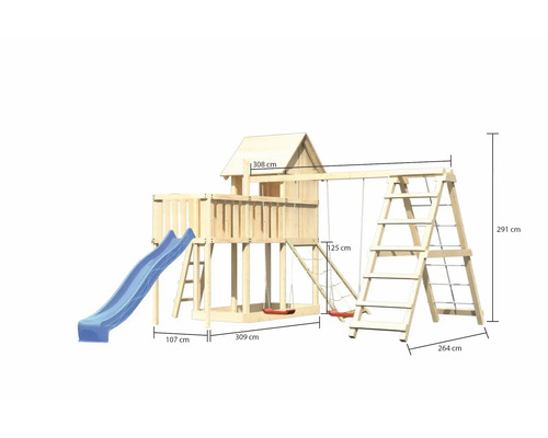 Spielturm aus Holz mit Rutsche, Schaukeln und Klettergerüst sowie Maßangaben.