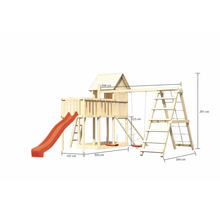 Maison de jeu en bois avec toboggan, balançoire et structure d''escalade avec dimensions
