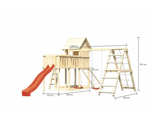 Holzspielhaus mit Rutsche, Schaukel und Klettergerüst mit Maßangaben