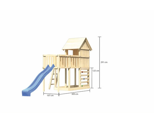 Tour de jeu en bois avec toboggan et mur d''escalade, dimensions : 291 cm de hauteur, 309 cm de largeur, 107 cm de profondeur
