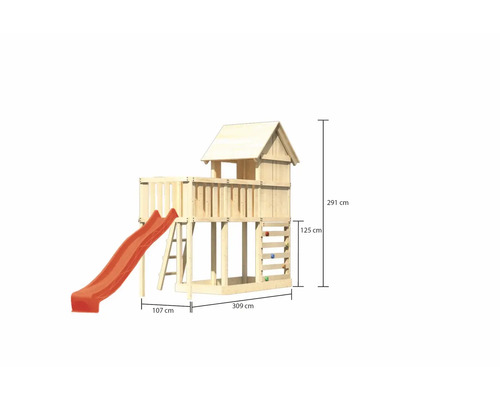 Tour de jeux en bois avec toboggan et mur d''escalade, dimensions 309 x 107 x 291 cm
