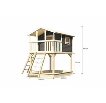 Spielhaus aus Holz mit Sandkasten und den Maßen 309 cm Höhe, 198 cm Breite und 244 cm Tiefe