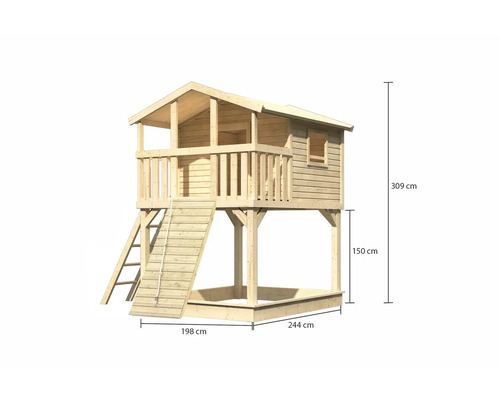 Spielhaus aus Holz mit Sandkasten und Leiter, Maße 309 x 244 x 198 cm