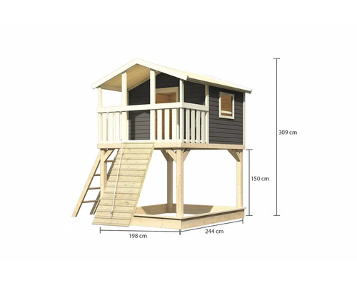 Maisonnette avec bac à sable et dimensions de 198 cm, 244 cm, 150 cm et 309 cm.