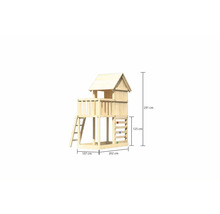 Maisonnette en bois avec échelle, mur d''escalade et indications de taille
